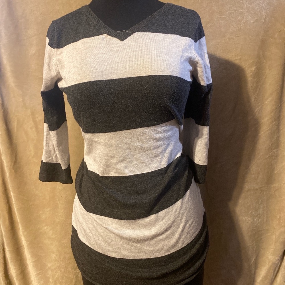 Grey + black striped dress; V-neck; comfy stretchy material